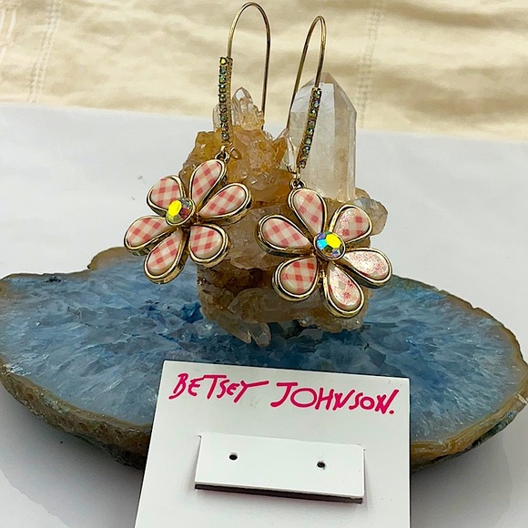 Betsey Johnson Jewelry - Betsey Johnson Red Checkered Flower  Gold Wire Earrings With Sparkling Crystals